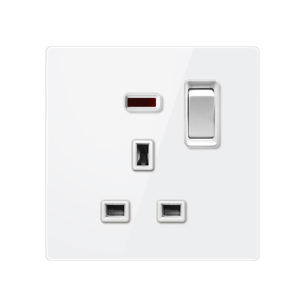 Tempered Glass Socket-YTG UK Socket With Switch With Indicator Light-White